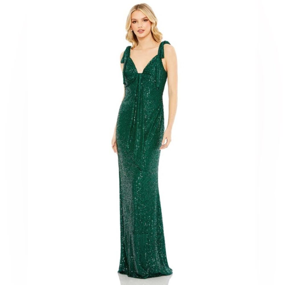 NWT * MAC DUGGAL Sequined Bow-Shoulder Column Gown in Emerald Green - Size 8